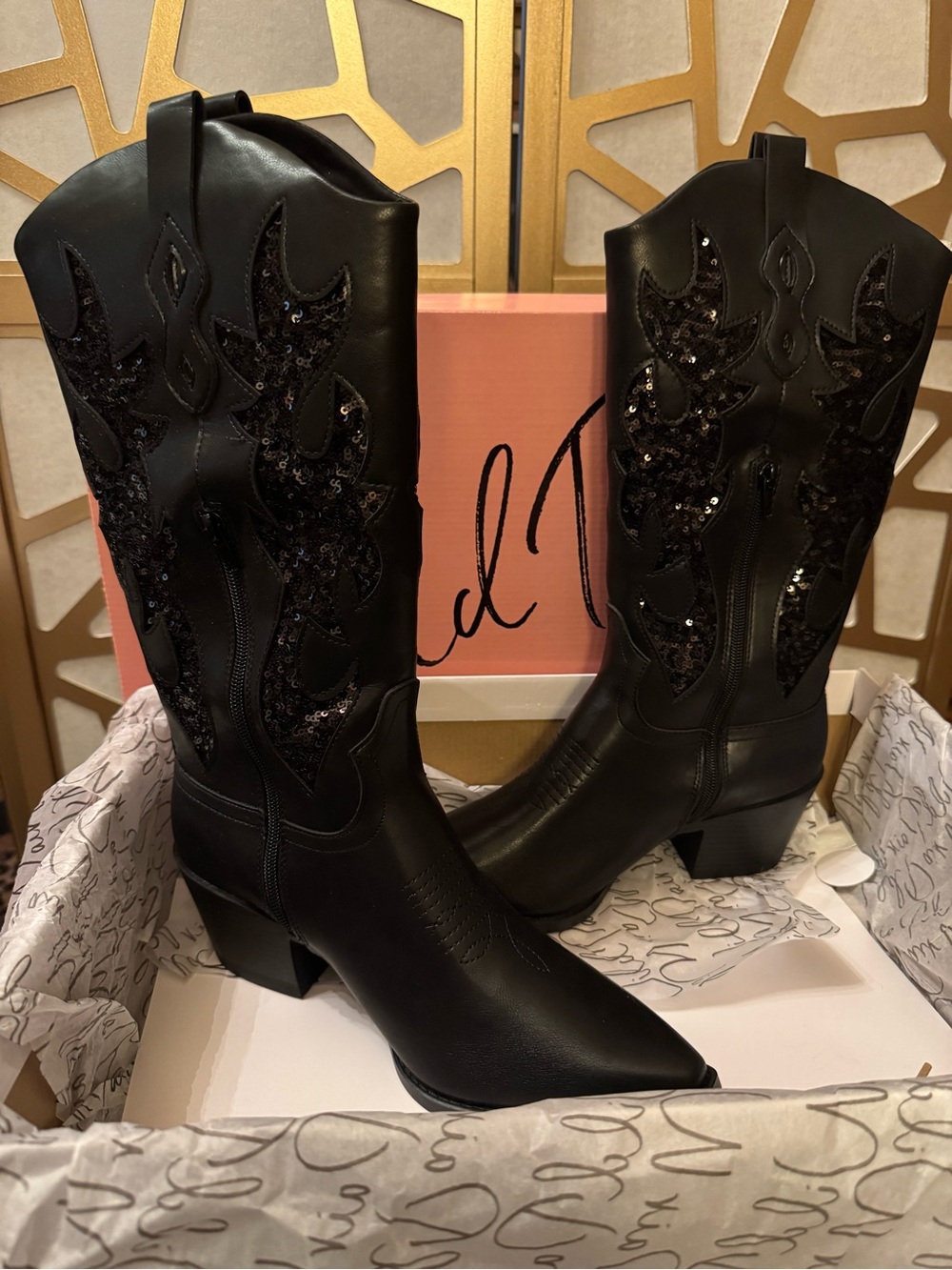 WILD PAIR Black Sequin Western Heeled Boots